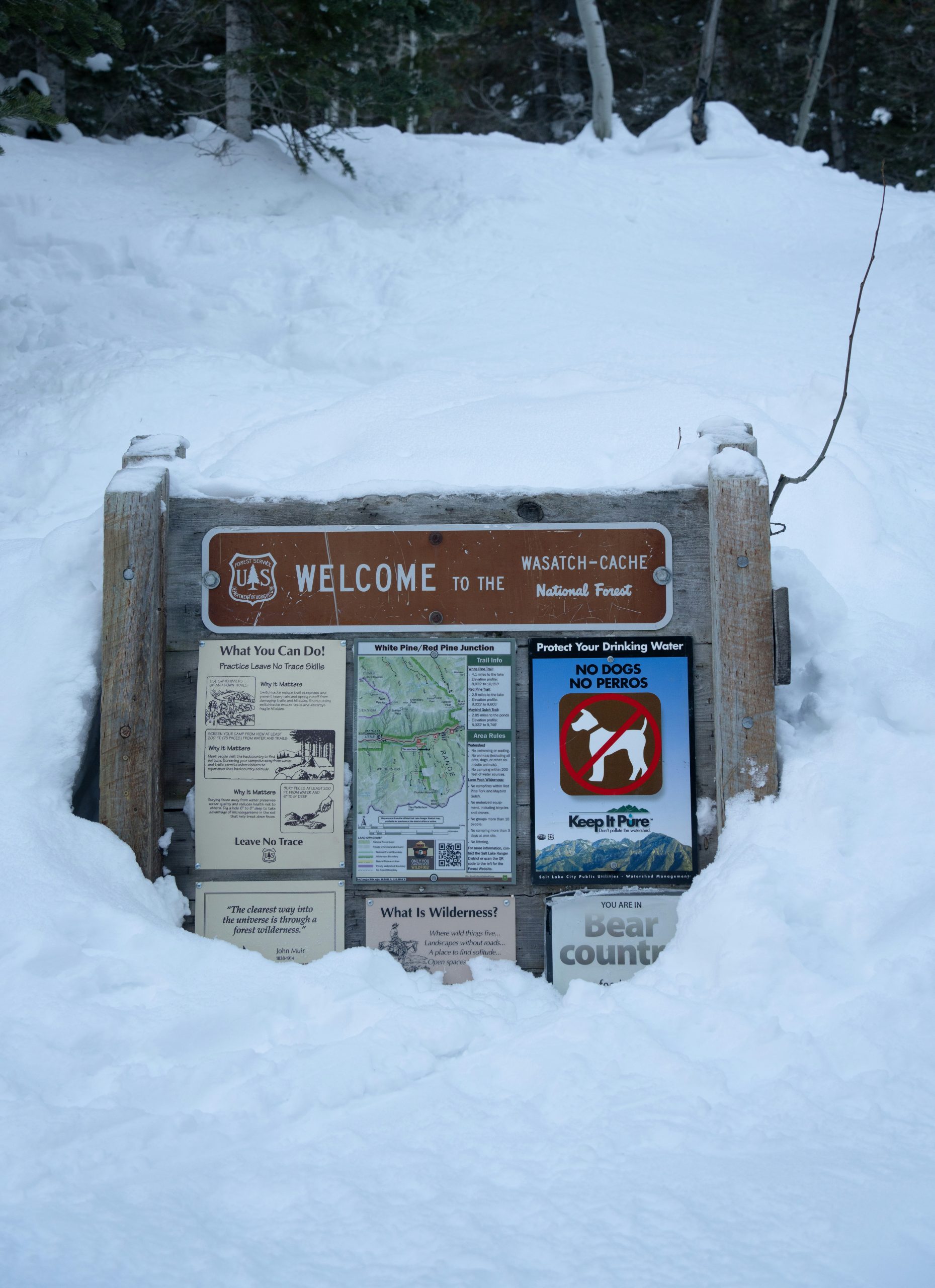 Trailhead sign board with trail map and notices half-buried in snow.