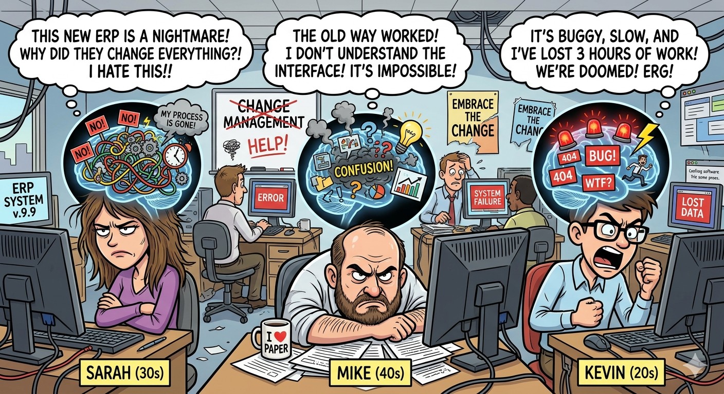 Cartoon of three frustrated office workers, each complaining in a speech bubble about a new ERP, with a whiteboard showing 'Change Management' crossed out and 'HELP!