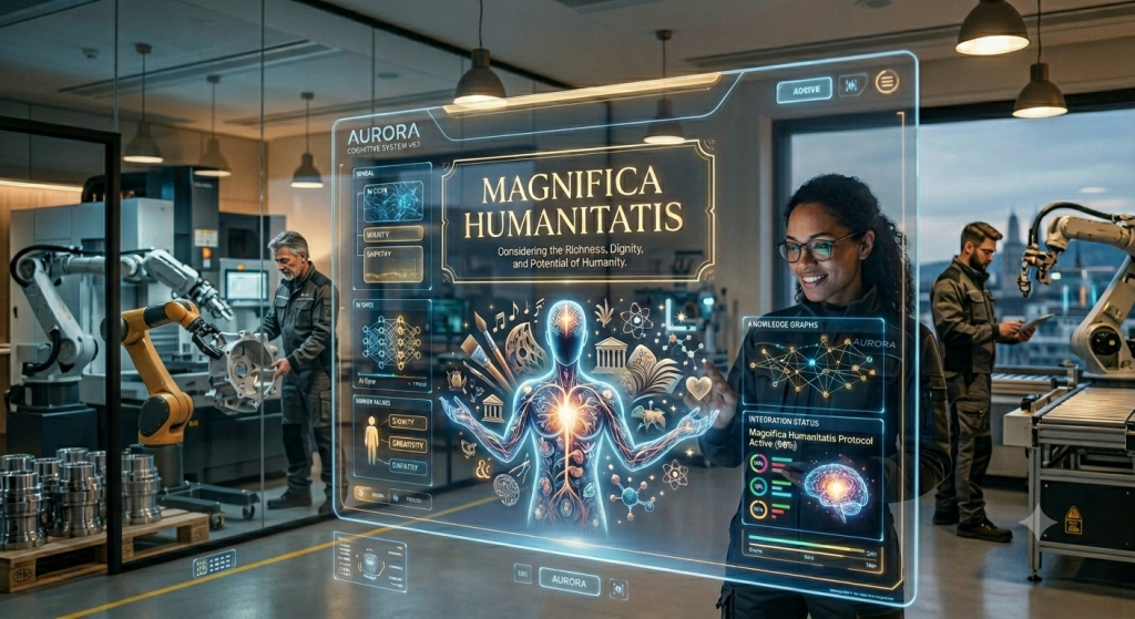 Woman smiling as she uses a holographic display titled 'Magnifica Humanitatis' in a factory with robotic arms and workers